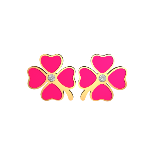 Aretes Clasico Trebol 4 Hojas Dorado/Fucsia