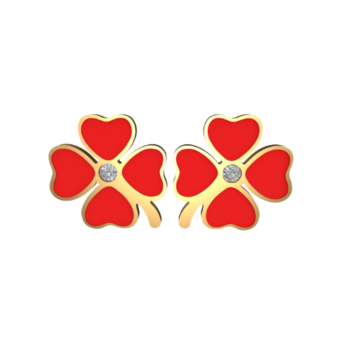 Aretes Clasico Trebol 4 Hojas Dorado/Rojo