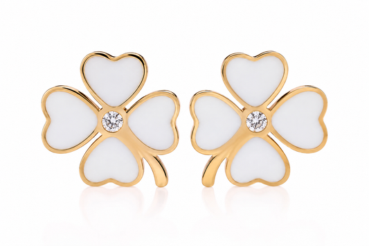 Aretes Clasico Trebol 4 Hojas Dorado/Blanco