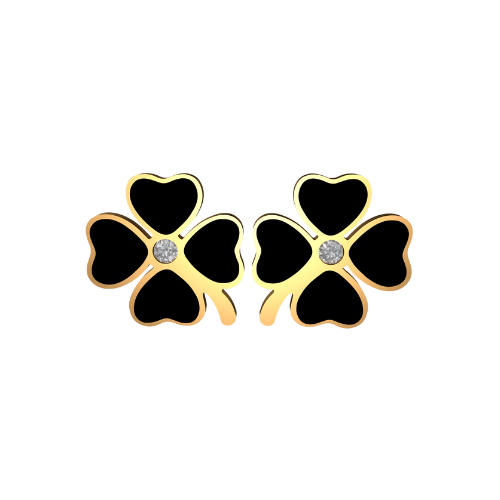 Aretes Trebol 4 Hojas Dorado/Negro